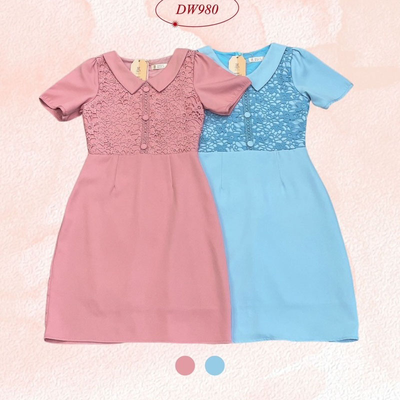 kudapy เดรสสั้นสีชมพู/สีฟ้า ผ้าทออกลูกไม้ ใส่ออกงานสวยดูดี น่ารัก