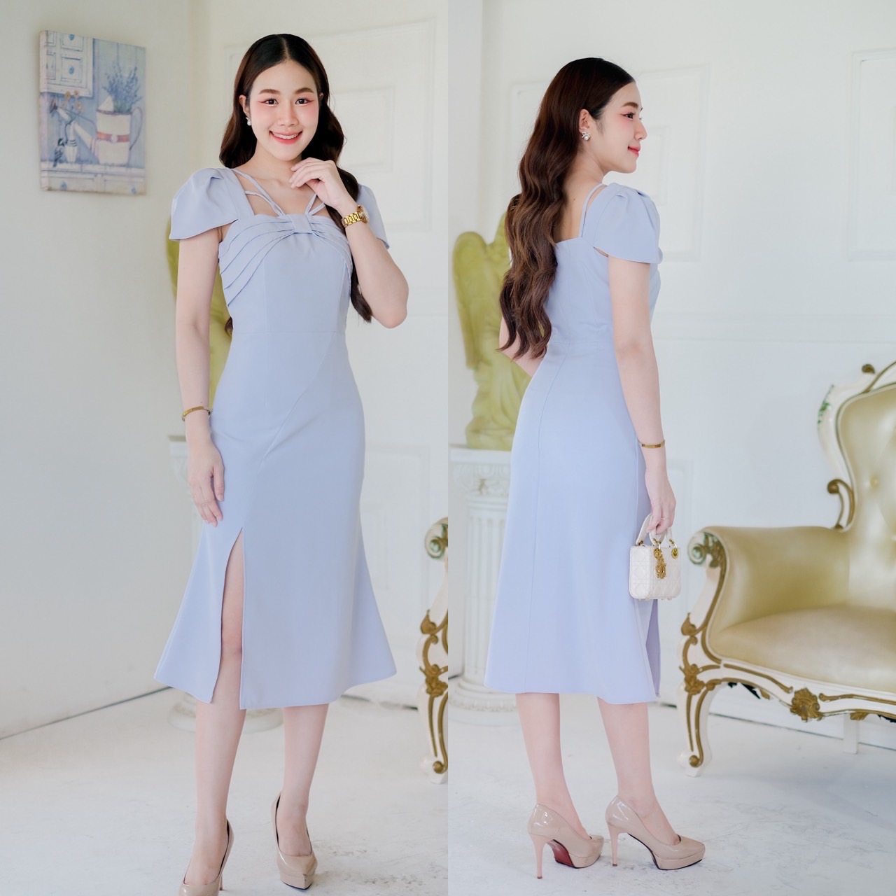 kudapy เดรสสั้นสีชมพูอ่อน/ชมพูเข้ม/ครีมนู๊ด/ ฟ้าเบบี้บลู แขนตุ๊กตา ทรงสุภาพ แต่งโบว์อก ใส่แล้วผอม กระโปรงหางปลา ผ่าหน้า