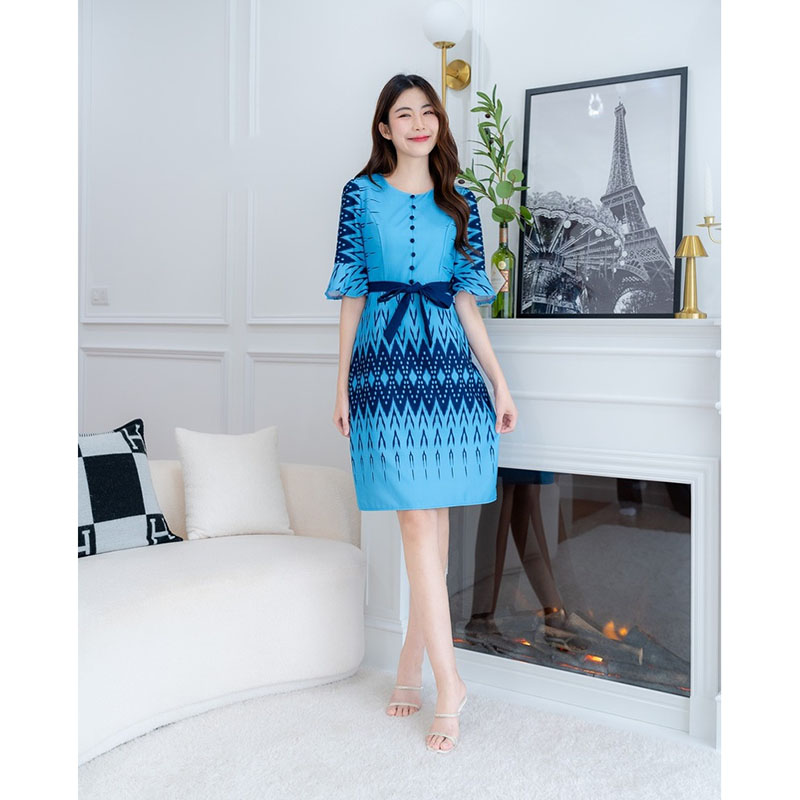 kudapy เดรสสั้นสีฟ้า/สีม่วง/สีเหลือง ลายไทยแขนกระดิ่งผูกเอว