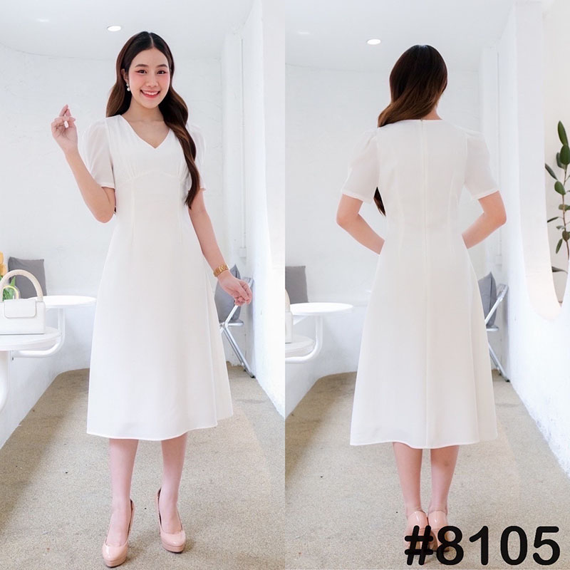 kudapy เดรสสั้นสีมชพู/สีครีมนู้ด/สีเขียวพิตาชิโอ้/สีส้มโอรส/สีขาว มินิมอลทรงสุภาพคอวี ผ้าชิ้นเดียวไม่ผ่ากลางอก กระโปรงคลุมเข่า ดีเทลแต่งจีบใต้อก