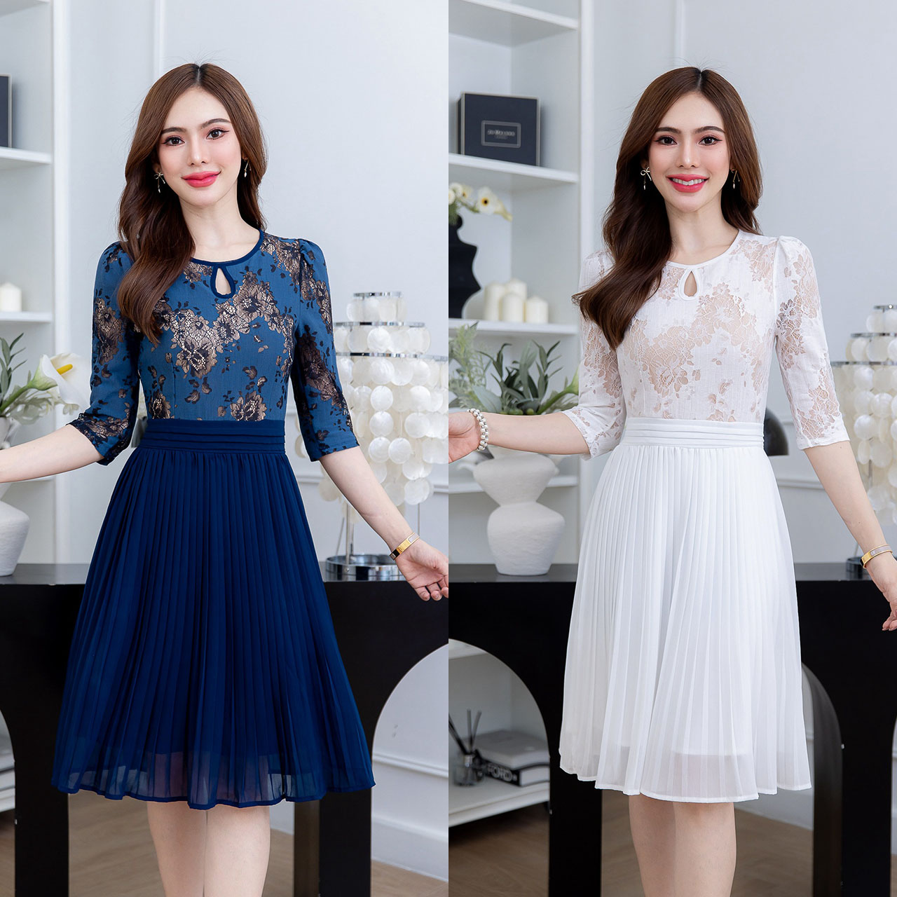 kudapy เดรสสั้นสีขาว/สีกรม ผ้าคอตตอนผสมฉลุลูกไม้ กระโปรงชีฟองอัดพลีท ช่วงคอดีเทลหยดน้ำ สวยลงตัว