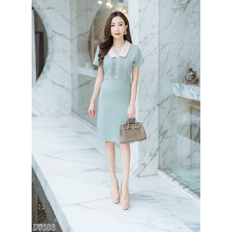 kudapy เดรสสั้นสีเขียว คอปกจีบอกเนื้อผ้าดีใส่สบาย