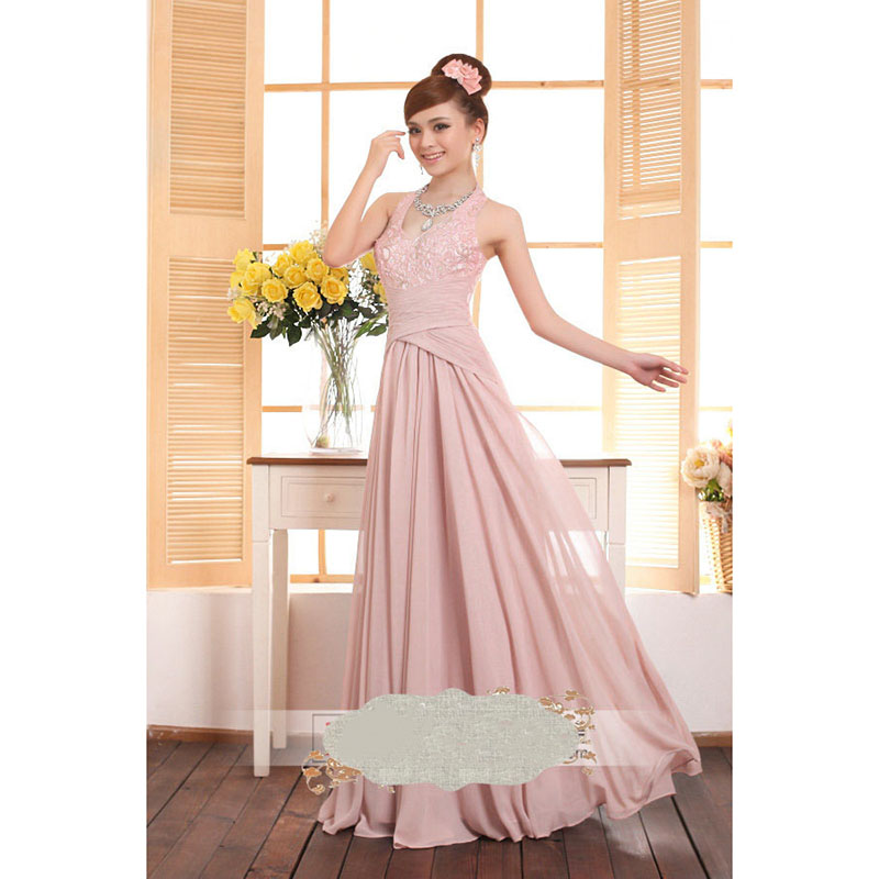 kudapy ชุดราตรียาวสีชมพู คล้องคอ Nude pink แต่งลูกไม้ช่วงอกสวยดูดีมากๆ