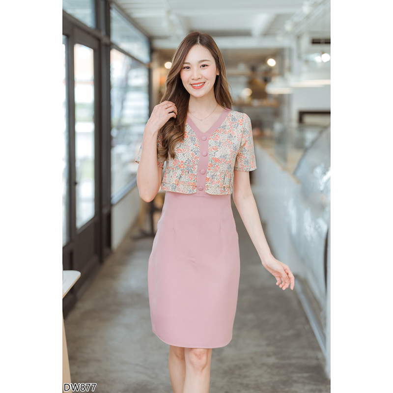 kudapy เดรสสั้นสีเขียว/สีชมพู/สีม่วง เดรสใส่ทำงานท่อนบนลายดอกมีกระดุมกลางอก