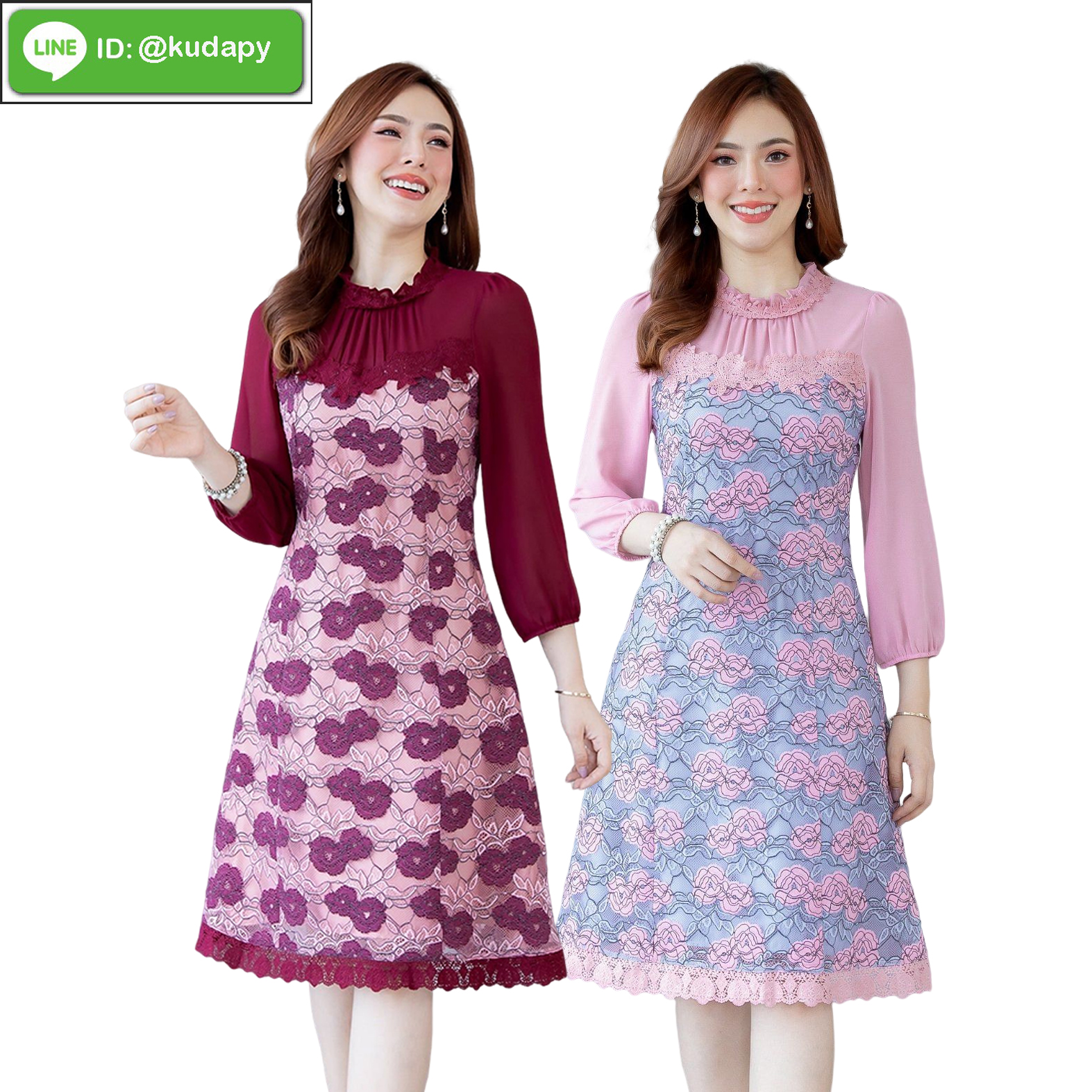 kudapy เดรสสั้นแขนยาวชีฟองสีชมพู สีแดง ปักลายนูนดอกไม้ตามแบบ มีซับในซิบหลังอย่างดี งานสวยพรีเมี่ยมค่ะ