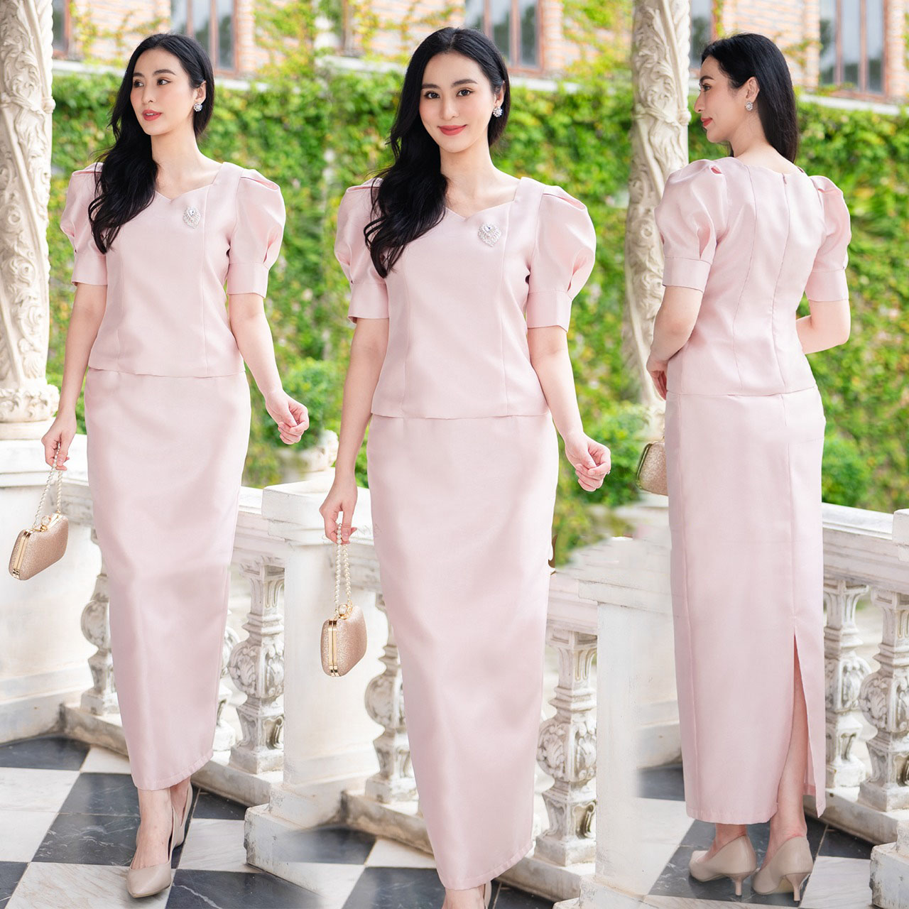 kudapy Set เสื้อ+กระโปรงทรงสอบผ่าหลังสีทอง/สีชมพู งานไหมจิตรลดาสี่เส้น งานผ้าอัดกาวทั้งเสื้อและกระโปรง เสื้อคอหัวใจแขนเจ้าหญิงทรงเข้ารูป