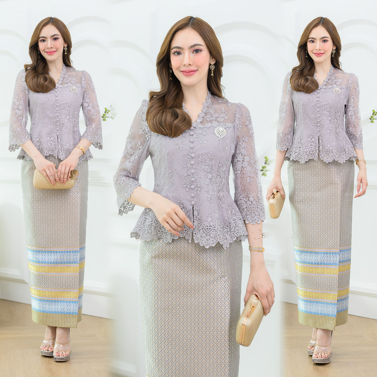 kudapy เสื้อผ้าลูกไม้3มิติ ดอกลอย ทรงคอวีตกแต่งกระดุมหน้า ตัวเสื้อตรงอกมีฟองน้ำในตัวแต่งกลิตเตอร์สวยงาม ช่วงปลายแขนมีแป๊กติดให้ (เฉพาะเสื้อ)