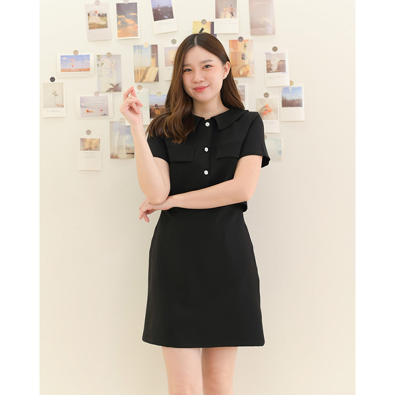 kudapy kudapy เดรสสั้นสีมัทฉะ/สีดำ/สีโอรส คอปก กระดุมอกแกะได้จริง สวยปัง