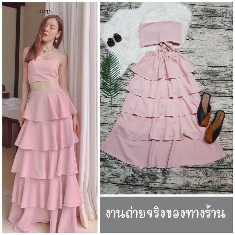 kudapyset 2 ชิ้น สีแดง/ขาว/ชมพู เสื้อเกาะอกแซ่บๆ ผูกโบว์หลัง มาคู่กระโปรงขนมชั้นยาว เอวสม็อกรอบตัวว งานดูไฮสุด