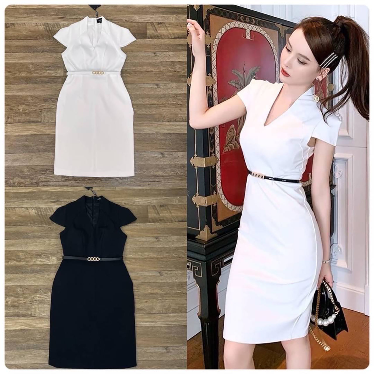 kudapy เดรสสั้นสีขาว/สีดำ มาพร้อมกับเข็มขัด ดีไซน์ตัวเดรสเป็นทรงสอบคอวี แขนสั้นเย็บตีเกร็ดคลุมหัวไหล
