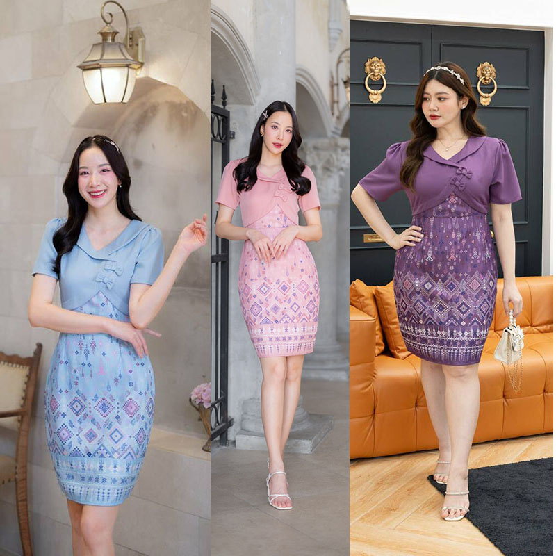 kudapy เดรสสั้น ลายไทยแต่งโบว์ สำหรับออกงาน เที่ยวงาน