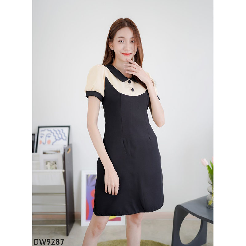 kudapy เดรสสั้นสีส้ม/สีดำ/สีแดง ทูโทนแขนจั๊ม สวยดูดี ใส่ทำงาน ออกงาน