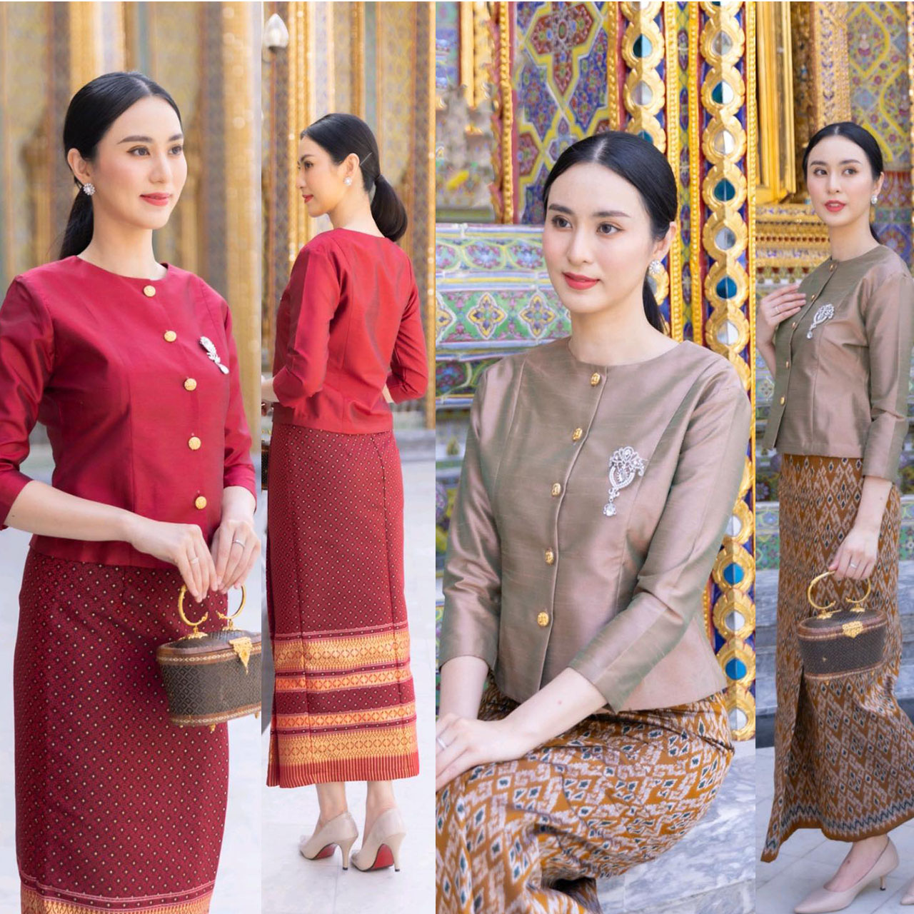 kudapy ชุดเซ็ท เสื้อผ้าไหมแพรทิพย์เกรดพรีเมี่ยมอัดกาว กระดุมทอง+ผ้าถุงเย็บสำเร็จทอลายอัดกาว ตะขอซิปหลัง