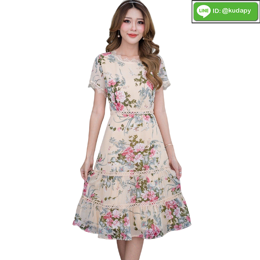 kudapy เดรสสั้นคอกลมแขนสั้นสีชมพู สีเหลือง สีกรมท่า เดรสผ้าชีฟองพิมพ์ลายสวยหวาน มีซิบหลัง ซับในอย่างดีค่ะ