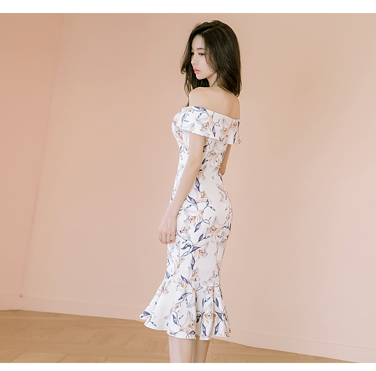 kudapy เดรสใส่ออกงาน ผ้าโพลีเอสเตอร์ผสม เนื้อดี พื้นสีขาว พิมพ์ลายดอกไม้