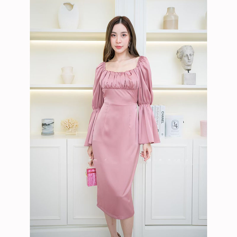 kudapy เดรสสั้นสีชมพู,กรม,น้ำตาลอิฐ สวยจับจีบแขนระบาย ผ้าเครปซาตินเนื้อดีมีซับใน ใส่ออกงาน ใส่ทำงาน