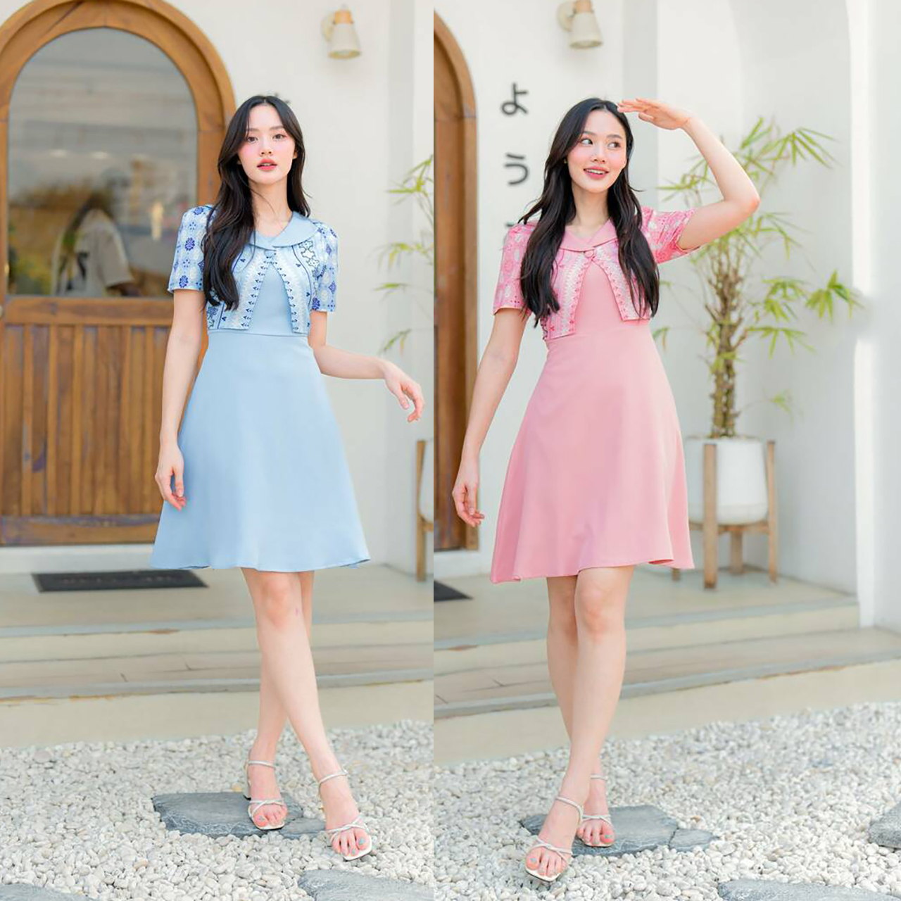 kudapy เดรสสั้นสีฟ้า/สีชมพู/สีกรม คอปกเสื้อคลุมกระโปรงบาน ผ้าลายไทยสวยดูดี