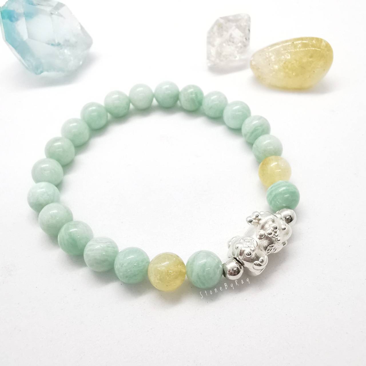 สร้อยข้อมือหินอมาโซไนท์สีมิ้นต์+เบบี้ปี่เซียะเงินแท้+ซิทริน