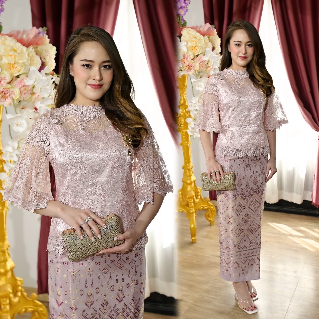 kudapy ชุดเซ็ทเสื้อลูกไม้ใยบวบผสมเลื่อมเกรดพรีเมี่ยม ซิปหลัง +ผ้าถุงงานแพรวา ผ้าไหมทอลายแพรวาทั้งผืน -อัดกาว อบไอน้ำม