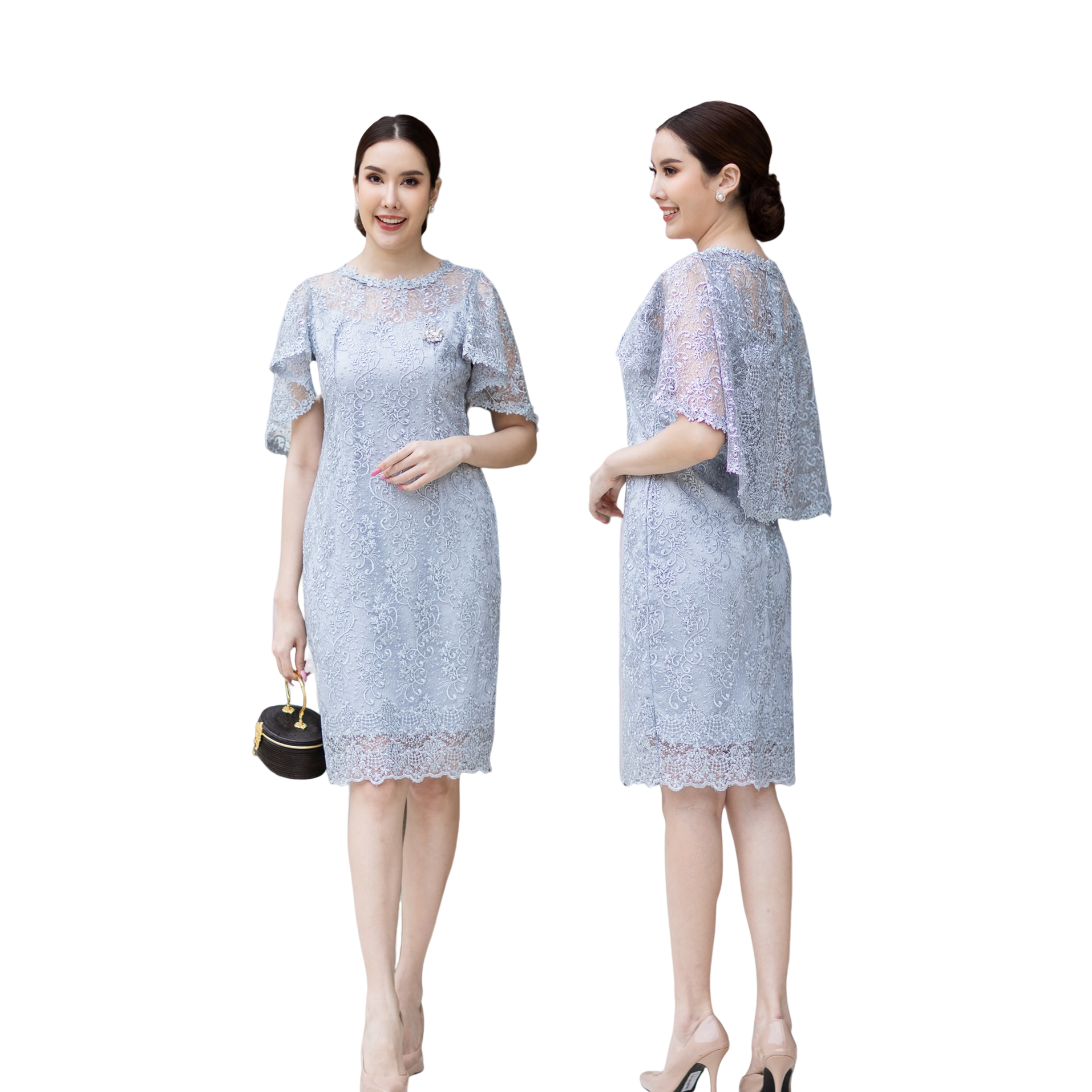 kudapy เดรสสั้นผ้าลูกไม้ฝรั่งเศษ สีทอง สีชมพู สีฟ้าเทา ผ้าลูกไม้ใยบวบเนื้อแน่น -ทรงสวยปีกค้างคาวทรงสวยเข้ารูป มีซับในซิบหลัง