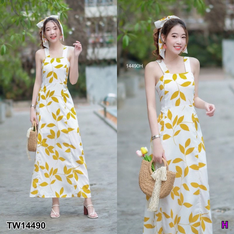 kudapy Maxi Dress เดรสสายเดี่ยวยาว สีชมพู ดำ เขียว เหลือง งานผ้าสลาฟพิมพ์ลายใบไม้ มีซิปซ่อนด้านหลัง มีซัปใน มีโบว์แยก 1 เส้น