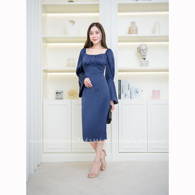 kudapy เดรสสั้นสีชมพู,กรม,น้ำตาลอิฐ สวยจับจีบแขนระบาย ผ้าเครปซาตินเนื้อดีมีซับใน ใส่ออกงาน ใส่ทำงาน