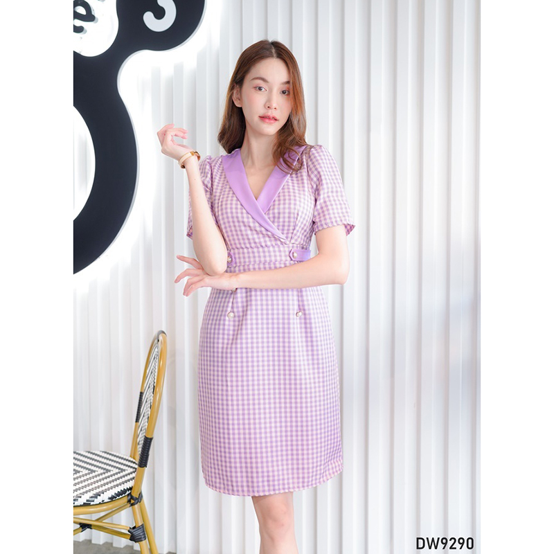 kudapy เดรสสั้นสีม่วง/สีกรม/สีชมพู คอปกสูทลายสก็อต