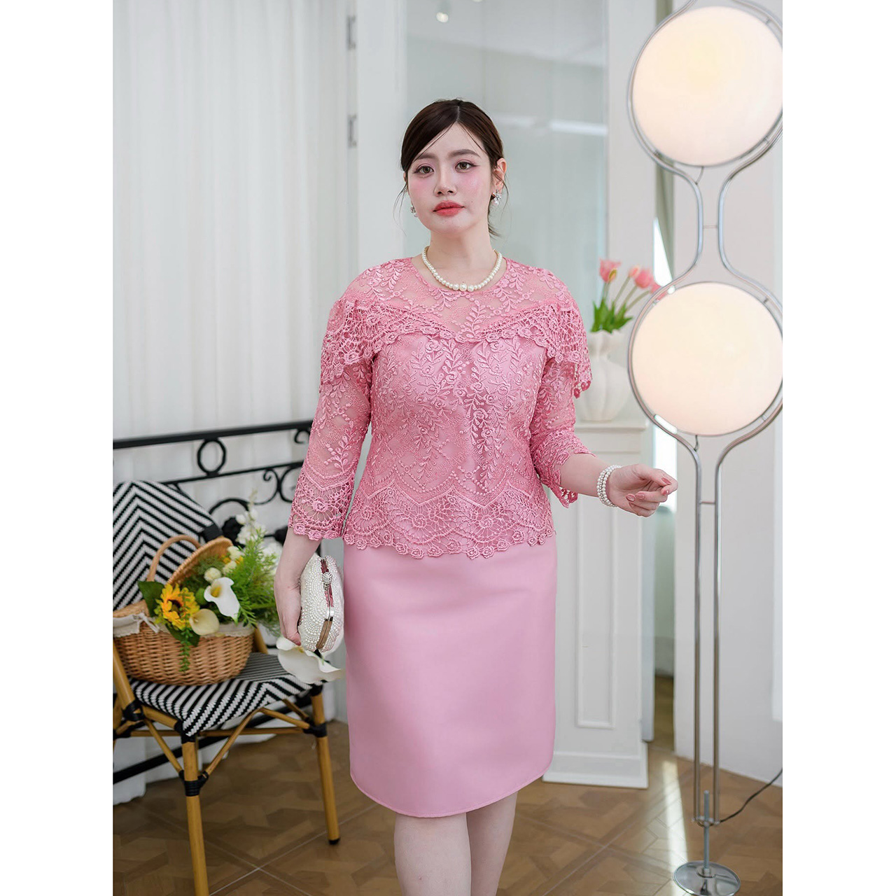 kudapy เดรสผ้าไหมลูกไม้แต่งไหล่ระบายแบบสวยเก๋ งานแขนห้าส่วนลูกไม้นิ่มไม่ระคายผิว