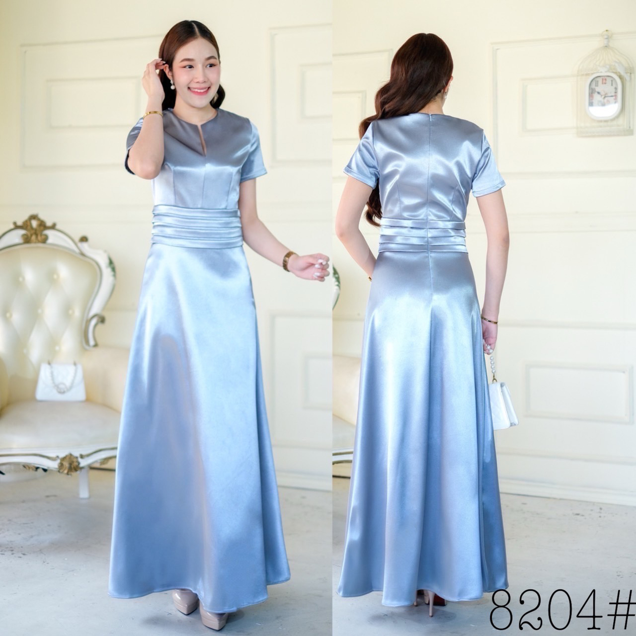 kudapy เดรสราตรียาว คอกลม ผ่าแคบ แขนสั้น ตีเกร็ด5ชั้นช่วงเอว กระโปรงทรงเอ ซิปหลัง ใส่ง่าย