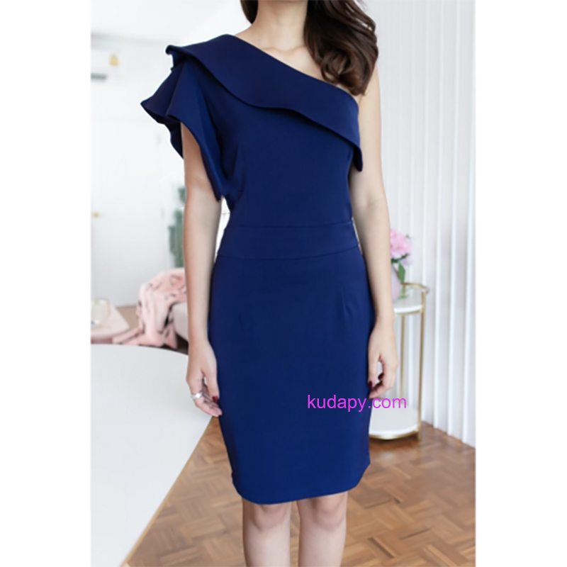 kudapy เดรสสั้นไหล่เดี่ยวสีกรมท่า,สีแดงไวน์ ,สีโอรส,สีฟ้า ผ้าฮานาโกะ เดรสสั้นออกงาน