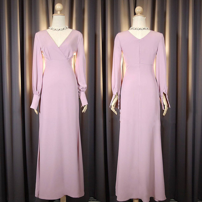 kudapy เดรสยาวสีชมพู/สีแดงเข้ม/สีครีม แขนยาว คัตติ้งถ่วงข้อมือ กระดุมห่อผ้า คอวี เอวสูง เข้ารูปแต่ไม่รัดทรง กระโปรงหางปลา หรูหรา