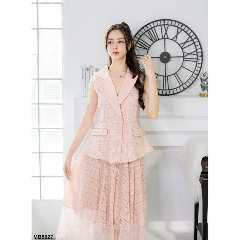 kudapy เซตเสื้อทรงสูทสีชมพู/สีขาว/สีดำ แขนกุด+กระโปรงยาวตาข่าย แต่งผ้าระบาย