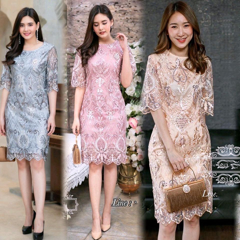 kudapy เดรสสั้นสีชมพู/สีฟ้า/สีทอง ลูกไม้เกรดPremium งานลูกไม้ปักลายดอกเลื่อมเด่นชัดสวยสะดุดตา