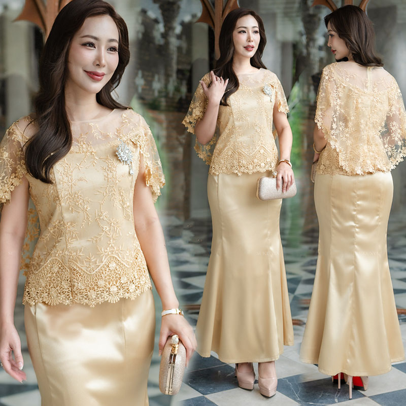 kudapy ชุดเซ็ท เสื้อตกแต่งด้วยผ้าลูกไม้3มิติ ปักเลื่อม แต่งแขนแบบคลุมไหล่ กระโปรงทรงหางปลา กระโปรงซับในผ้าฝ้าย ชุดมีซิปหลัง ใส่สบาย