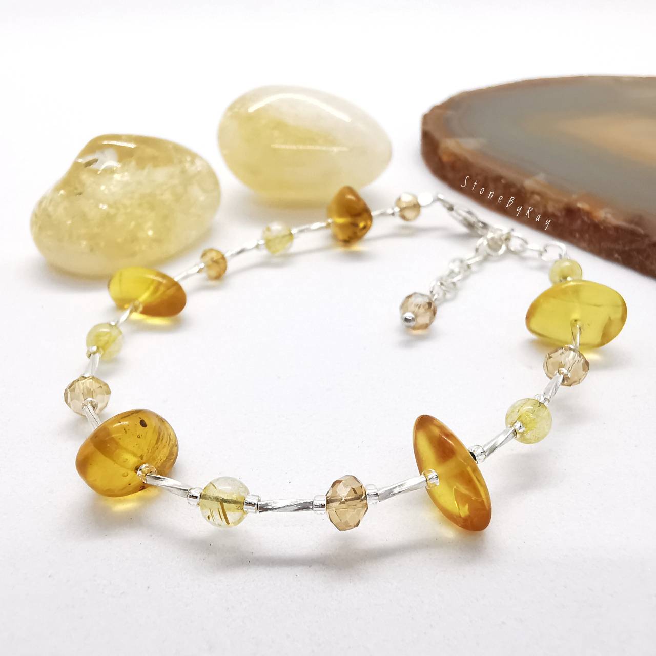 สร้อยข้อมือเงินหินไหมทองกับอำพันแท้ Rutilated Quartz+Amber