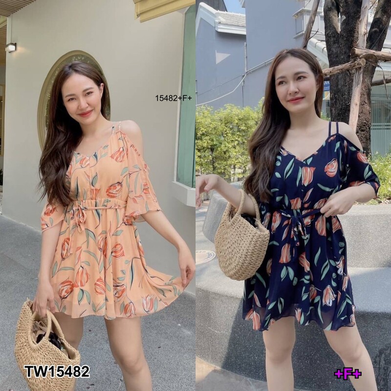 kudapy เดรสสั้นสีกรม/สีโอรส สายเดี่ยวคู่ ผ้าชีฟอง พิมลายดอกไม้ มีซับใน เอวยางยืด มีเชือผูกเอวแยกชิ้น