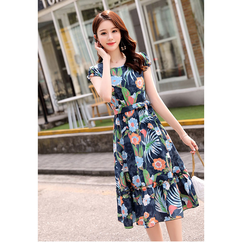 kudapy ชุดเดรสใส่ทำงาน ผ้าโพลีเอสเตอร์ผสมเนื้อดี พื้นสีน้ำเงิน พิมพ์ลายดอกไม้