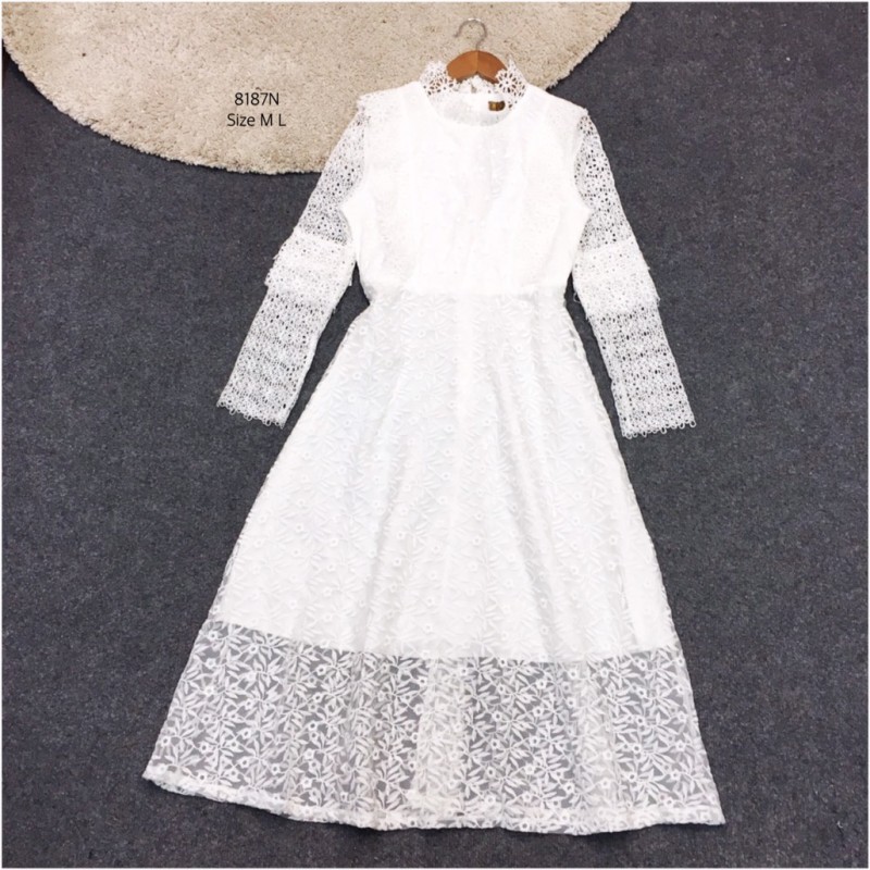 kudapy แม็กซี่เดรสลูกไม้สีขาว/สีชมพู แขนยาว แขนระบาย 2 ชั้น กระโปรงทรงทิ้งตัว เย็บซับด้านใน เจ้าหญิงมากค่ะชุดนี้