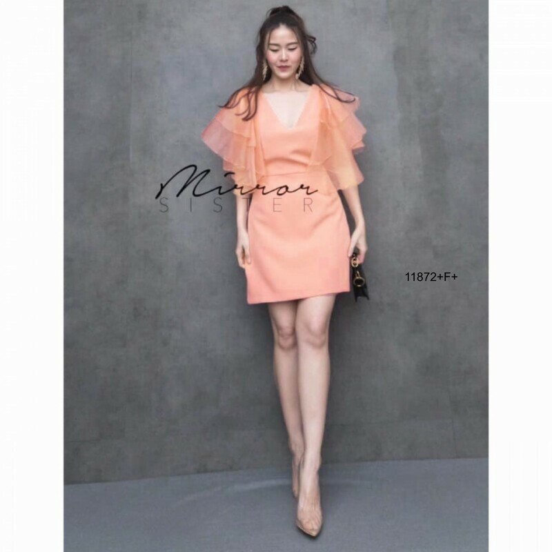 kudapy เดรสสีพื้นผ้าซาร่า แขนผาแก้วระบาย 2 ชั้น มีซิหลัง ดีเทลสวย ใส่ได้หลายโอกาส