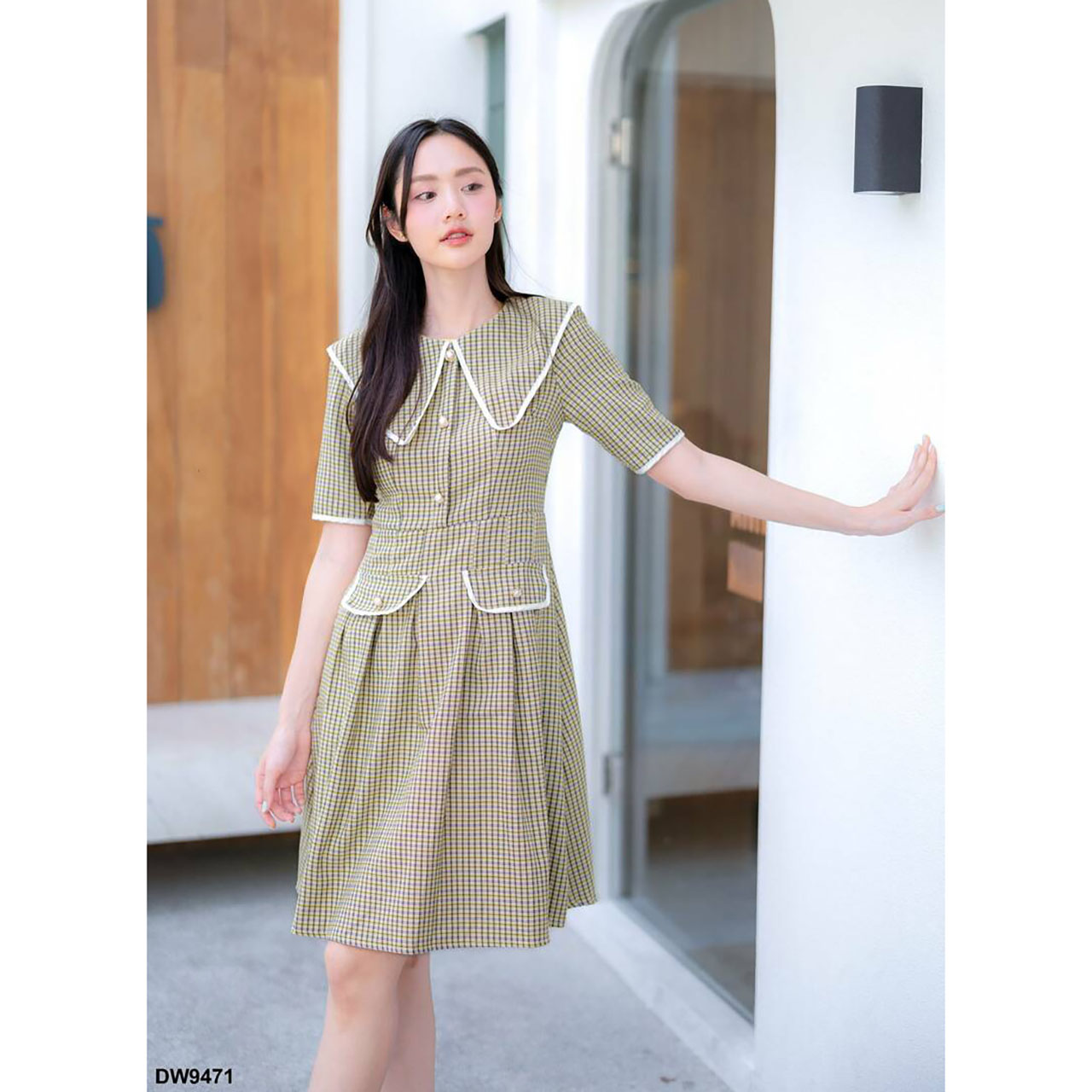 kudapy เดรสสั้นสีสีเหลือง/สีกรม/สีชมพู คอปกลายสก็อตแขน 3 ส่วน ใใส่เที่ยวสวยดูดี น่ารัก