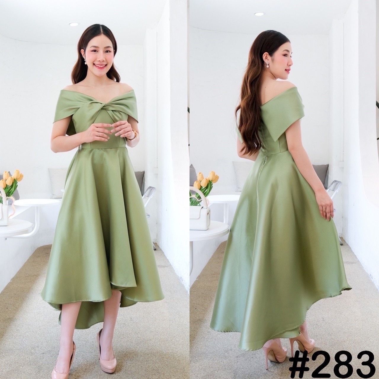 kudapy เดรสหน้าสั้นหลังยาวสีเขียว ทอง เทา ชม กรม แดง โรสโกล ขาว เปิดบ่าTwistอกใหญ่ ปิดพรางซ้อนแขน แบบอลังๆ แต่ไม่เวอร์วัง กระโปรงทรงหน้าสั้นหลังยาว