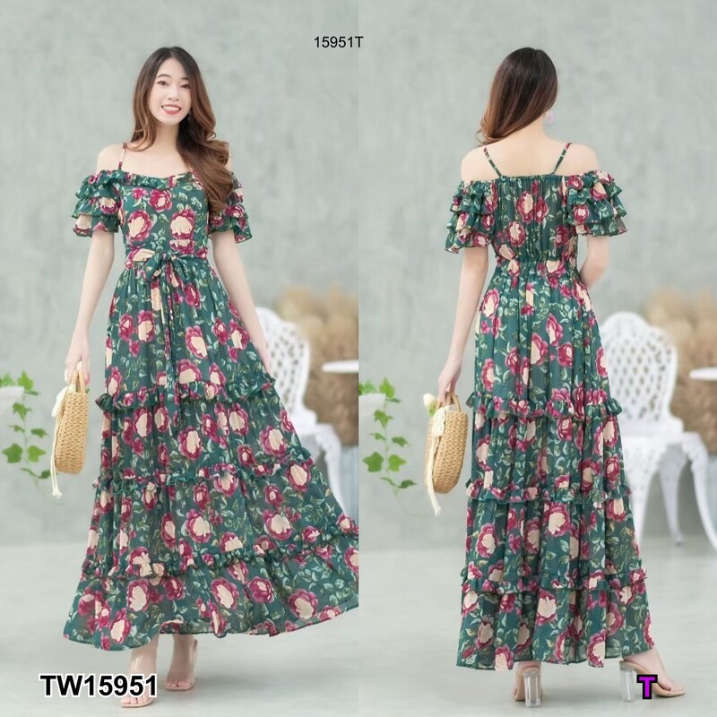 kudapy แม็กซี่เดรสสีขาว ดำ เขียว เทา สายเดี่ยวเว้าไหล่ แขนระบายชั้น ผ้าชีฟองลายดอกไม้ มีซับใน เนื้อผ้าทิ้งตัวสวย