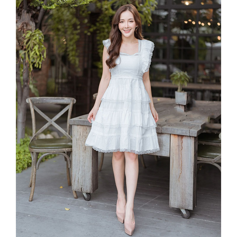 kudapy เดรสสั้นแขนกุด สีฟ้า ผ้าฉลุเกาหลีโบว์หลัง