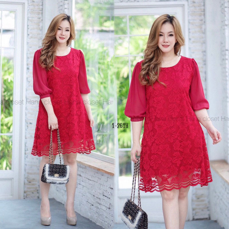 kudapy เดรสสั้นผ้าลูกไม้คอกลม แขนชีฟร็องสามส่วน ทรงเอ ผ้าลูกไม้เนื้อนิ่ม ใส่สบาย มีซับทั้งชุด