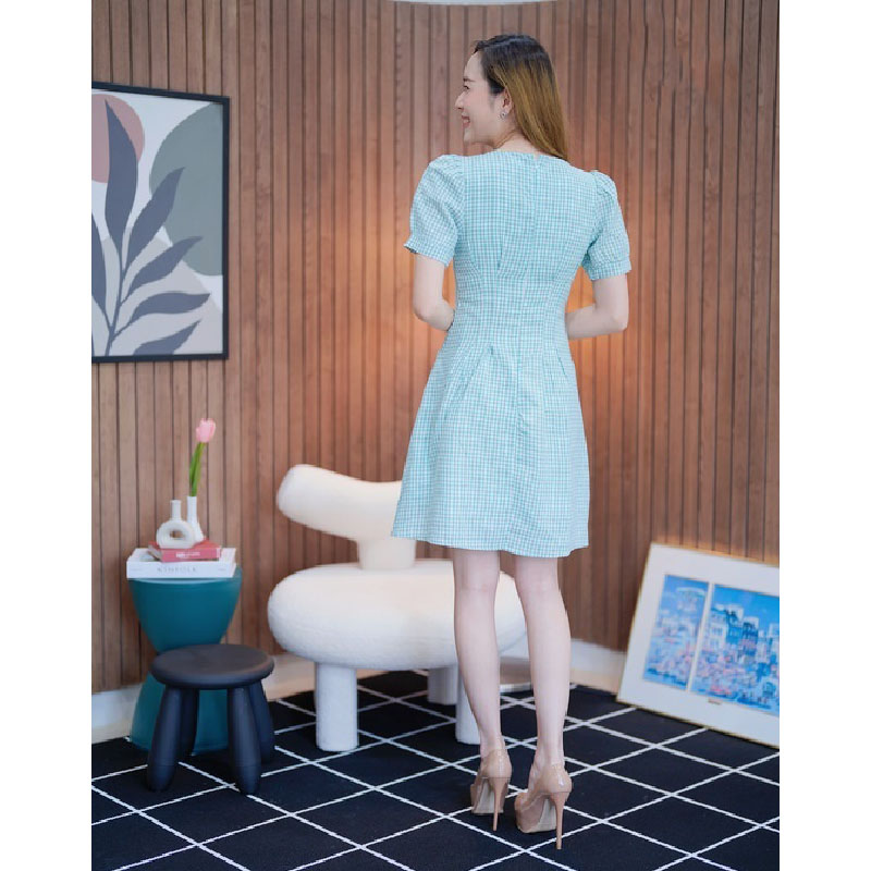 kudapy เดรสสั้นสีชมพู/สีดำ/สีเขียว คอปกลายสก๊อตใส่สบายตัวสวยดูหุ่นดีมากๆ