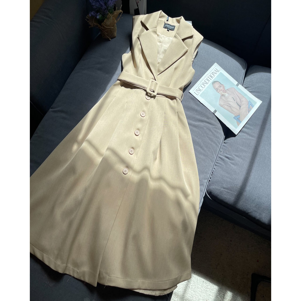 kudapy เดรสยาวสีชมพู/สีครีม สูททรงสวยคลาสสิค ผ้านุ่มใส่สบาย เดรสมีซับในทั้งตัว กระดุมจริง