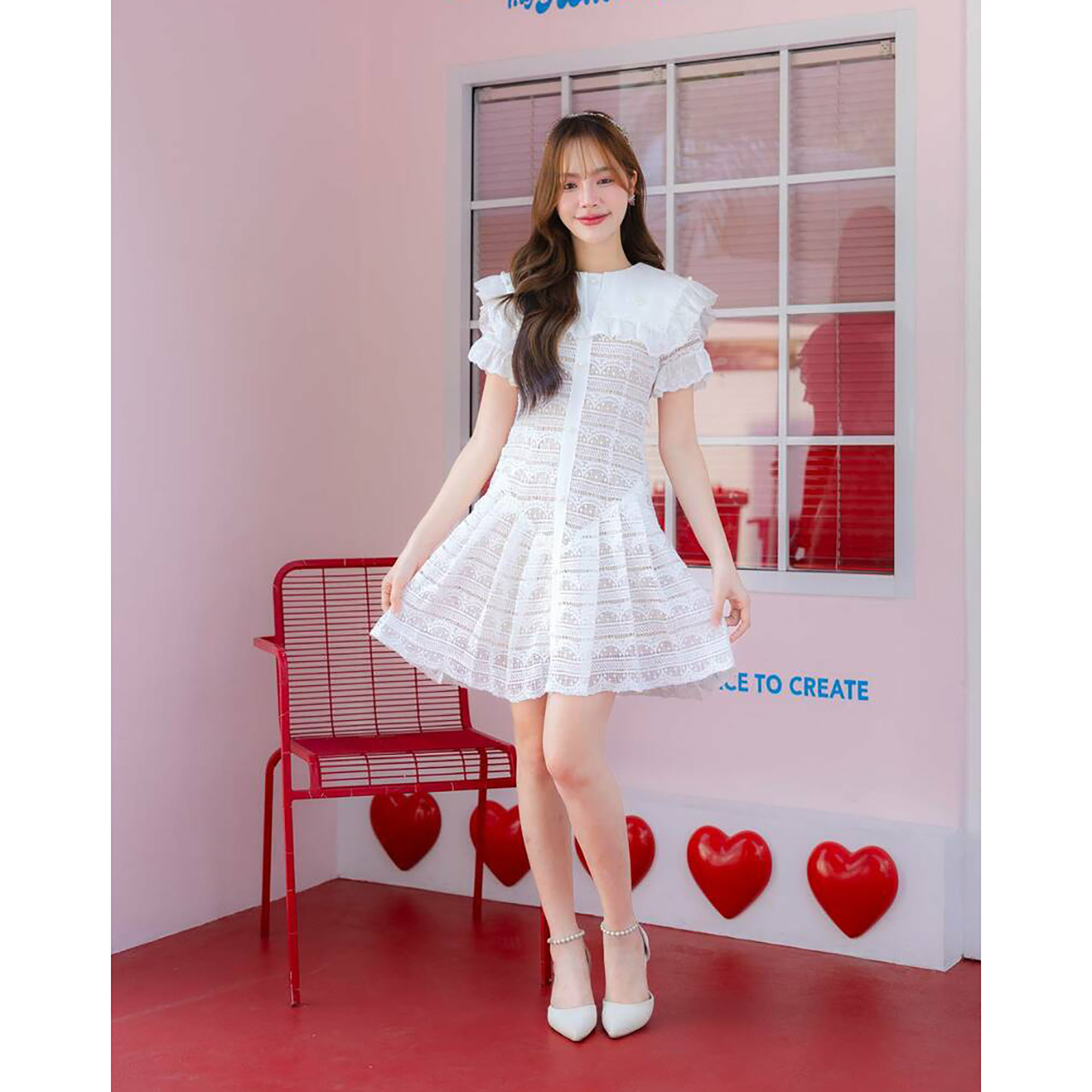 kudapy เดรสสั้นลูกไม้คอปกกะลาสี