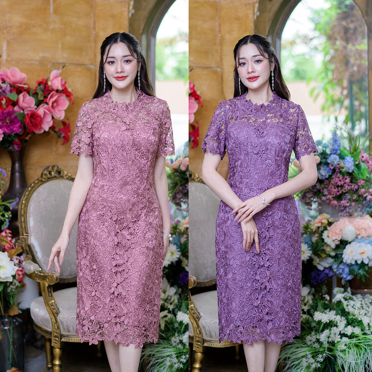 kudapy เดรสสั้นสีชมพูกะปิ/สีม่วงเผือก ลูกไม้เกรดสวยพรีเมี่ยม ลายดอกไม้ ดีไซน์เปิดอกบนให้เป็นซีทรู