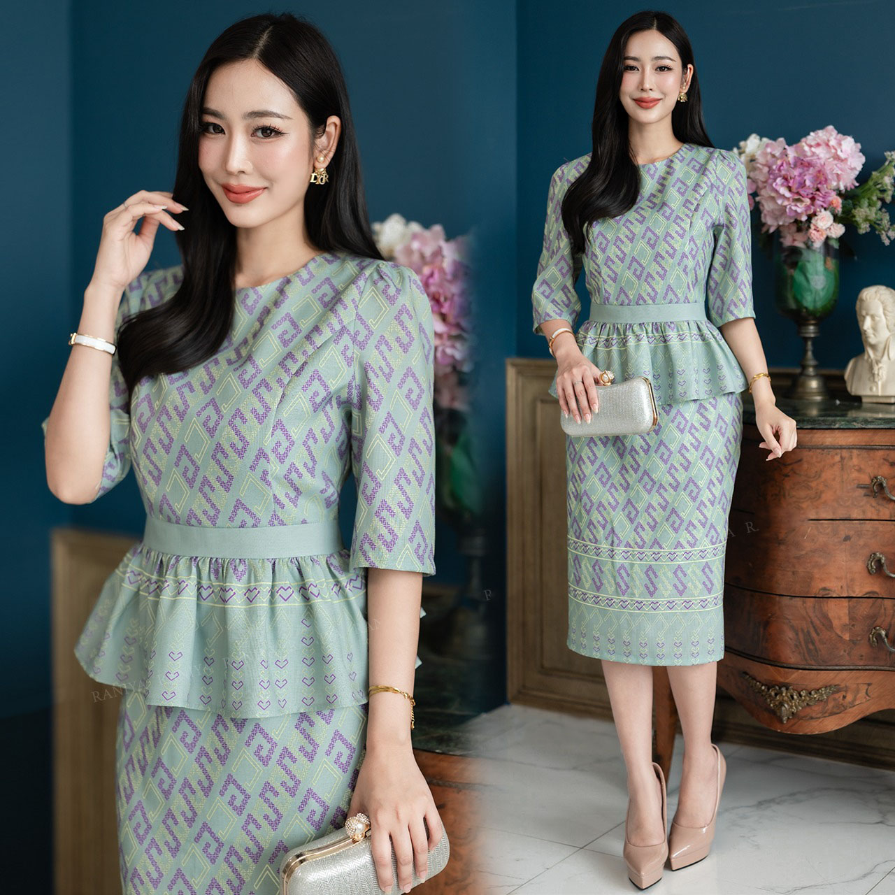 kudapy Set 2 ชิ้น ผ้าโพลีเอสเตอร์แบบทอ งานพิมพ์ลาย ตัวเสื้อคอกลม จับจีบช่วงเอวช่วยอำพรางหุ่น วกระโปรงผ่าหลังเล็กน้อย