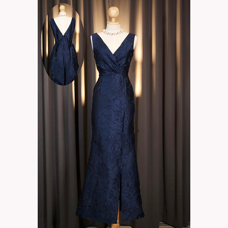 kudapy เดรสยาวสีแดงเบอร์กันดี กรมท่า เขียว ฟ้า ทอง ชมพู คอวี ผูกโบว์เอวได้ กระโปรงทรงหางปลาเข้ารูป ด้านหลังจับจีบ ทรงหูกระต่าย